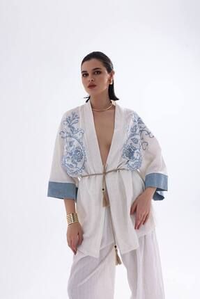 FASHION COCKTAIL Do al Nefes Alan Dokulu Kabartma Kuma l Nak l Kimono Bohem Kaftan Pantolon Yazl k Tak m Ekru Fiyat Yorumlar Trendyol