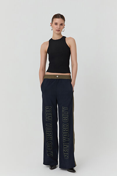 Quzu Patterned Trousers with Elastic Waist Match Detail Navy Blue