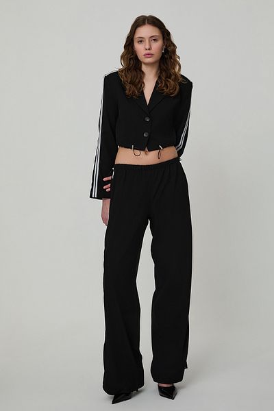 Quzu Stripe Detailed Drawstring Waist Trousers Black