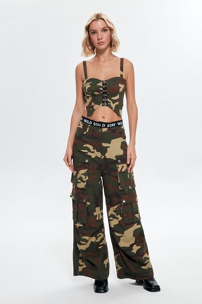 Quzu Camouflage Patterned Cargo Pants Khaki