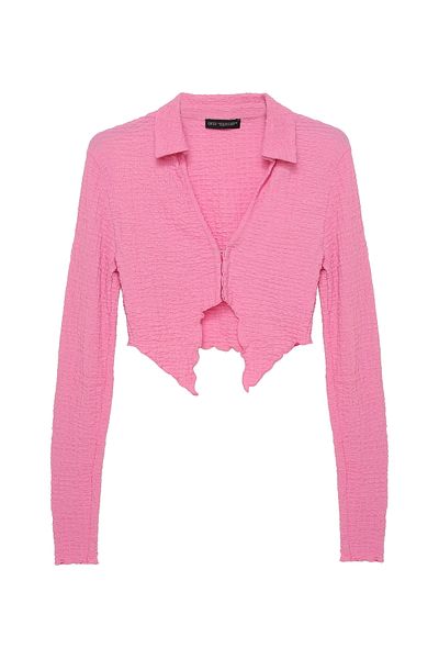 Quzu Tie Detailed Crop Blouse Pink