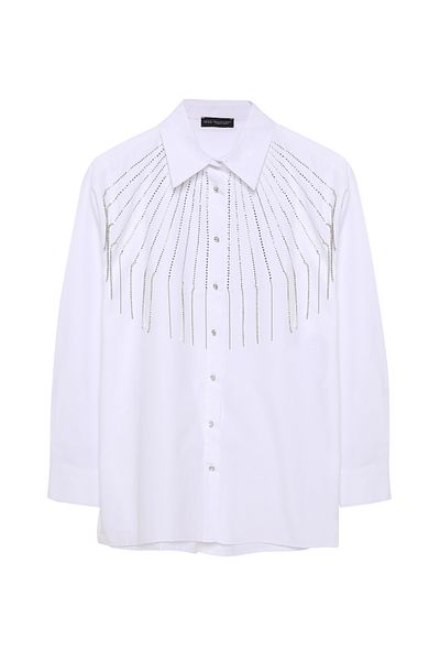 Quzu Oversize Shirt with Stone Accessory Detail White