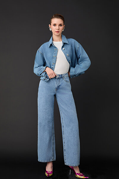 Quzu Висока талія, широкі штанини, джинси, світло-синій