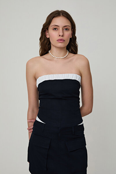 Quzu Boxer Detailed Skirt Blouse Set Dark Navy Blue