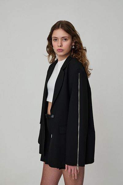 Quzu Lining Patterned Sleeve Zipper Detailed Blazer Jacket Black