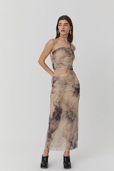 Quzu Drape Detailed Patterned Tulle Skirt Camel