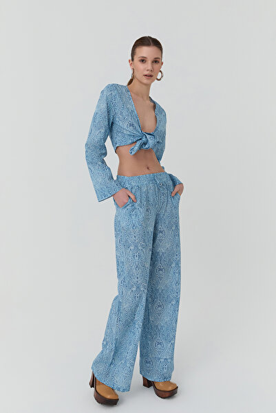 Quzu Renkli Desenli Beli Lastikli Pantolon Mavi