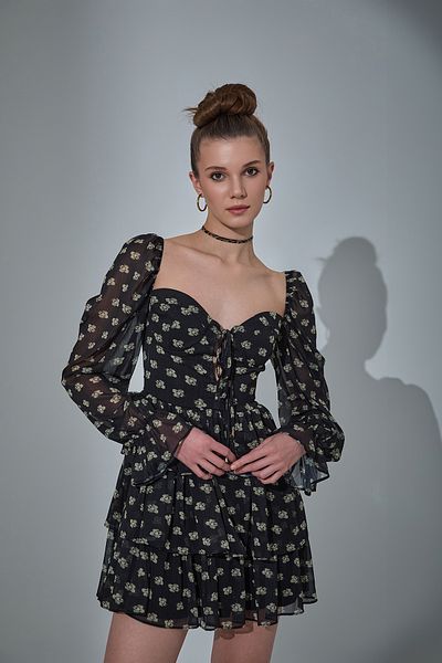 Quzu Rochie mini din tul cu model cu guler inimă negru