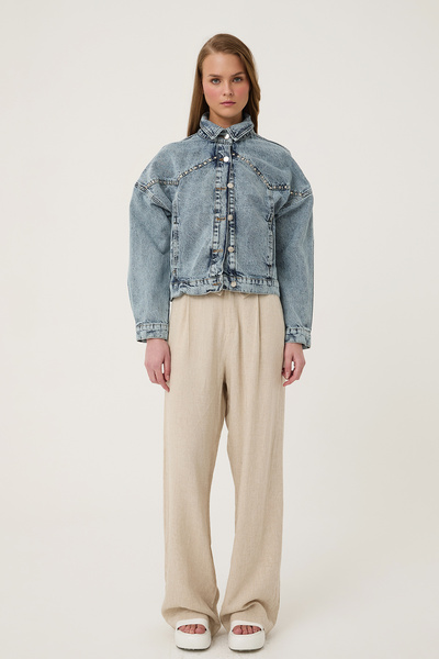 Quzu Taş Detaylı Cepli Kot Ceket Açık Mavi