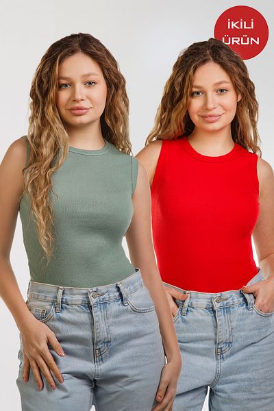 VAN LEEUWEN Women's 2-Pack Crew Neck Ribbed Lycra Knitted T-shirt Athlete