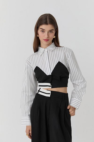 Quzu Cămașă crop cu dungi Ecru