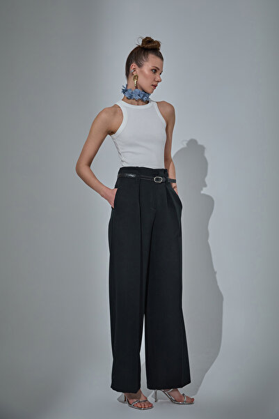 Quzu Широкі штани з високою талією з поясом чорного кольору