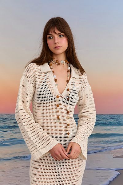 Quzu Rochie de tricotaj cu detalii ajurate crem
