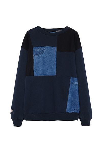 Quzu Denim Block Detailed Sweatshirt Navy Blue