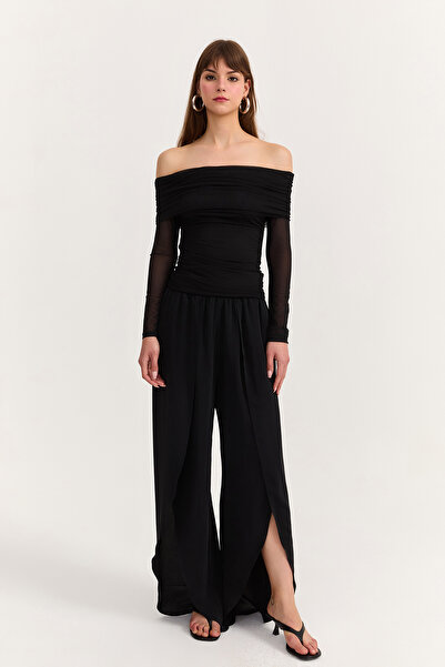 Quzu Off-Shoulder Long Tulle Sleeve Blouse Black