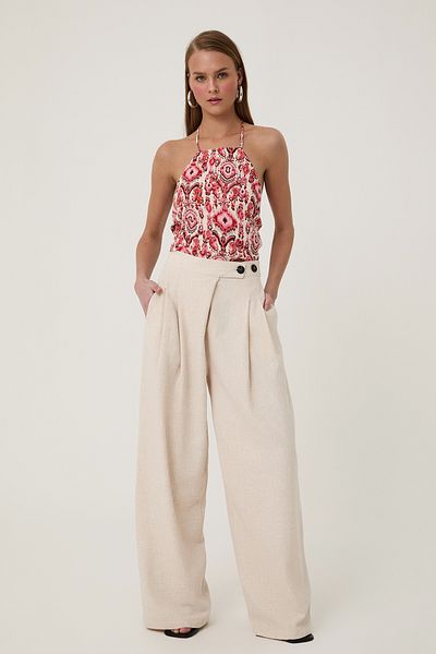 Quzu Button Detailed High Waist Linen Trousers Natural