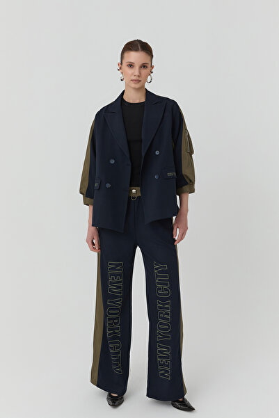 Quzu Patterned Trousers with Elastic Waist Match Detail Navy Blue