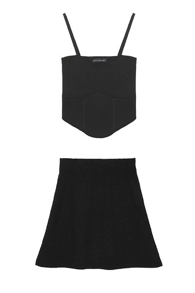 Quzu Skirt Strapless Blouse Knitwear Set Black