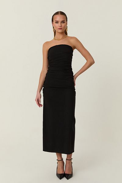 Quzu Gather Detailed Strapless Midi Dress Black