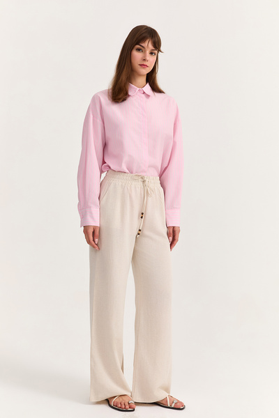Quzu Beli Lastikli Keten Pantolon Naturel