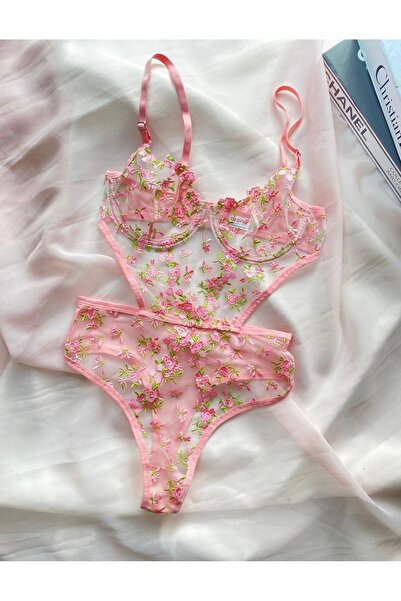ARONA Nakış İşlemeli Çiçek Desenli Pembe Bodysuit