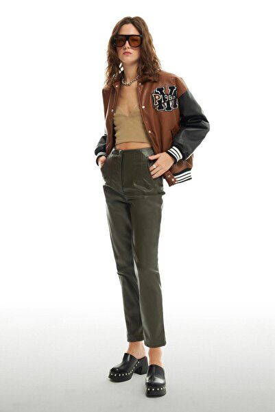 Quzu Embroidery Detail Leather College Jacket Light Brown