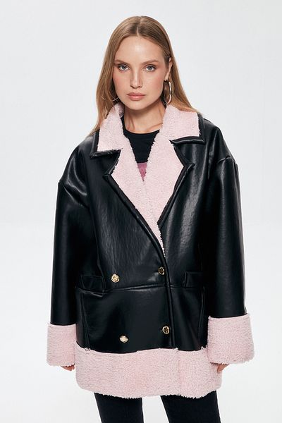 Quzu Plush Detailed Leather Coat Black