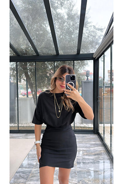 HARMONY GLOBAL Μαύρο ντραπέ Λεπτομέρεια Κοντό μανίκι Ζαρωμένο Μίνι Φόρεμα με ...