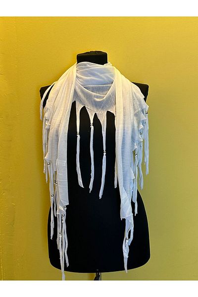 Gönülden Tasarım METAL BEAD TASSELED COMBED SCARF SHAL Ecru