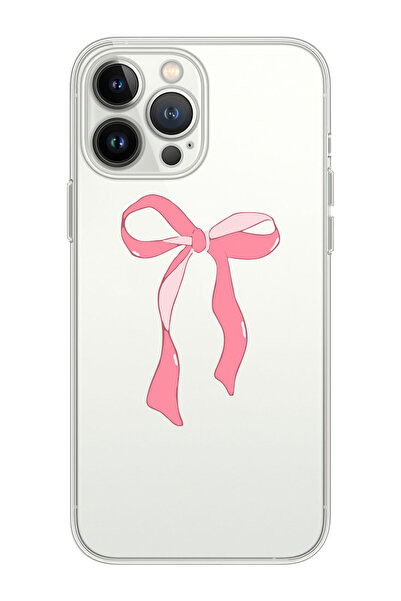 shoptocase Iphone 14 PRO MAX Uyumlu Pembe Kurdele Desenli Şeffaf Telefon Kılıfı