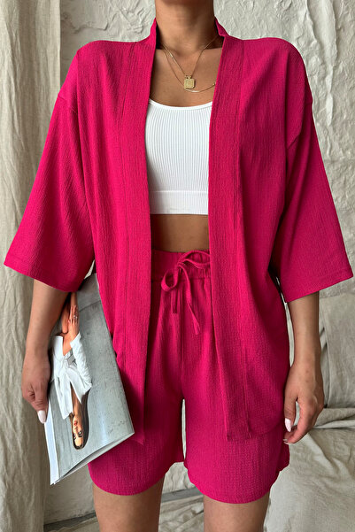 MODAGEN Kadın Fuşya Pembesi Kimono Gömlek Şort Alt Üst Takım