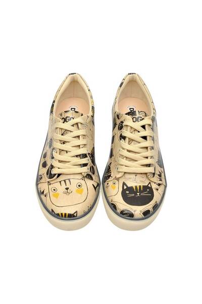 Dogo Γυναικεία Vegan Δερμάτινα Μπεζ Sneakers - Σχέδιο Monochrome Cats