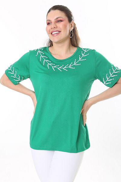 Şans Women's Large Size Green Pearl and Embroidery Detailed Short Sleeve Blouse 65N37677