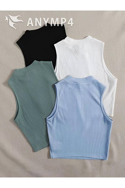 ÖZ PAMUK Bluză crop tricotată pentru femei, 100% bumbac, 4 piese, cu nervuri, sportiv