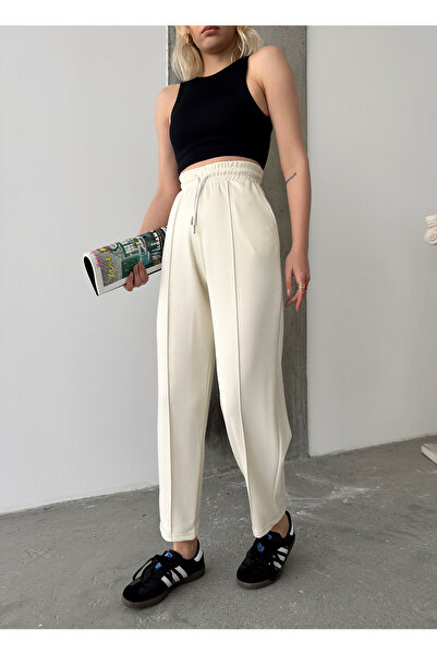 schlank Kadın Ekru Modal Karışımlı Kumaş Belden Lastikli Cepli Çımalı Şalvar Pantolon