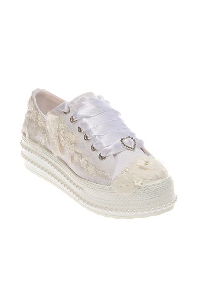 Ayakkabı Tutkusu Stilo ® De pantofi de mireasă, elegant, alb, satin, cu șireturi, detaliu inimă și design confortabil