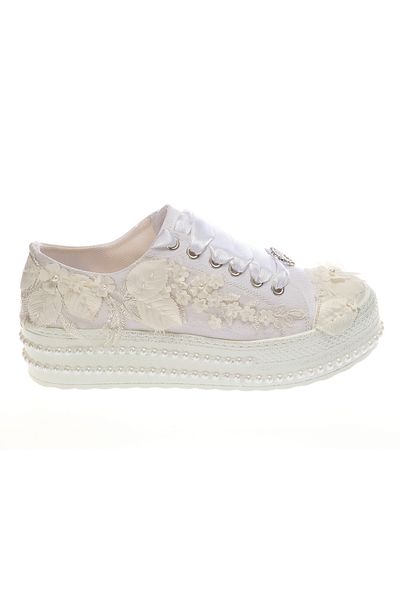 Ayakkabı Tutkusu Stilo ® De pantofi de mireasă, elegant, alb, satin, cu șireturi, detaliu inimă și design confortabil