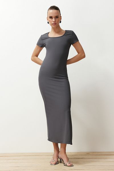 Trendyol Collection Anthracite Plain Bodycone Fitted Flexible Ottoman Knitted Maxi Pencil Dress TWOSS24EL00968