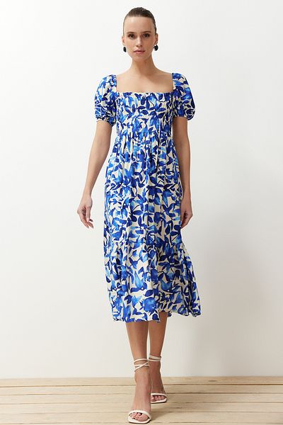 Trendyol Collection Rochie țesută Shally Midi cu guler skater albastru cu flori TWOSS24EL00952