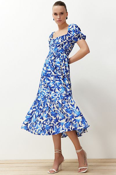 Trendyol Collection Rochie țesută Shally Midi cu guler skater albastru cu flori TWOSS24EL00952