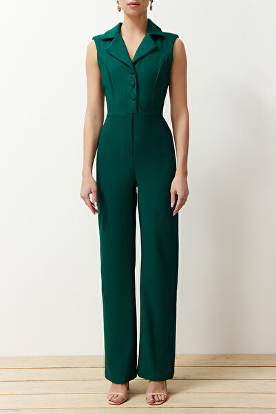 Trendyol Collection Emerald Green Jacket Collared Button Detailed Woven Jumpsuit TWOSS23TU00130