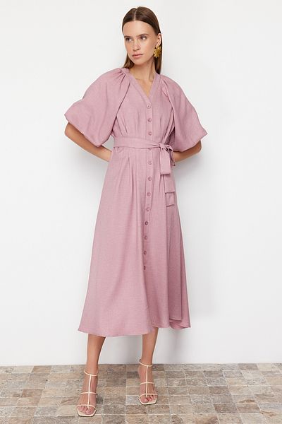 Trendyol Modest Rochie cămașă țesută cu brâură roz cu mânecă cu jumătate de balon TCTSS24EB00014