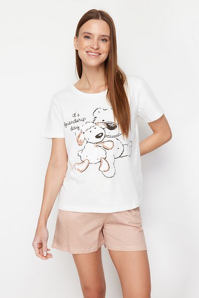 Trendyol Collection White-Multicolor Cotton Teddy Bear Printed Knitted Pajamas Set THMSS24PT00321