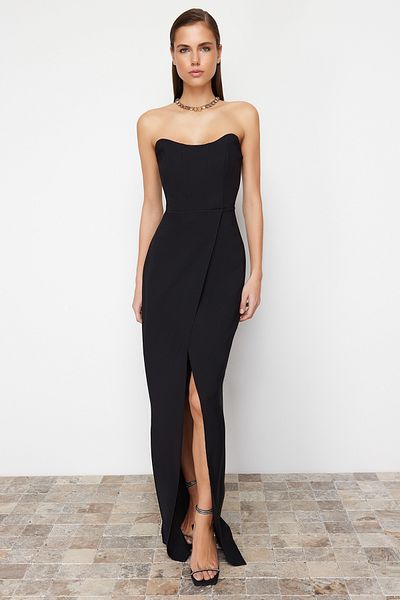 Trendyol Collection Czarny gorset, szczegółowo tkana, długa suknia wieczorowa TPRSS24AE00151