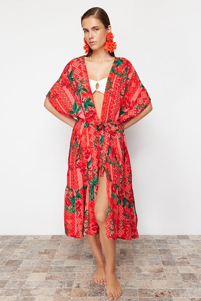 Trendyol Collection Strand-Kimono und Kaftan mit Maxi-Blumenmuster und Gürtel – TBESS23KM00068