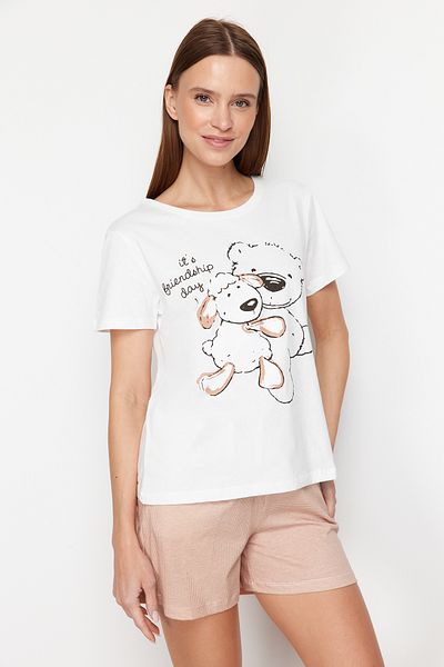 Trendyol Collection White-Multicolor Cotton Teddy Bear Printed Knitted Pajamas Set THMSS24PT00321