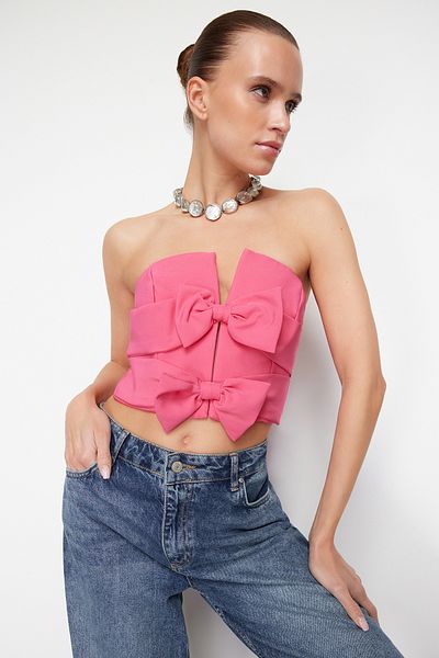 Trendyol Collection Woven Pink Crop Bustier - Bow Detail, TPRSS24BS00035