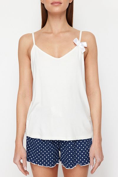 Trendyol Collection White-Navy Blue Polka Dot Ribbon/Bow String Straps Shorts Knitted Pajama Set THMSS24PT00320
