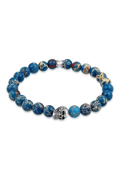 KUZZOI Bandă de braț Herren Totenkopf Blau-Gefırbter Achat 925 Silber
