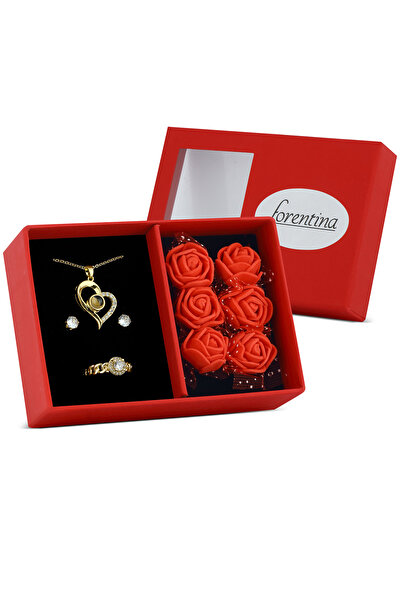 Forentina Altın Kaplama Kalpli Kolye Küpe Yüzük-Kırmızı Güllü Kutuda Hediye S...
